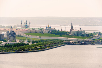 Brics summit and games in Russia, Kazan. Panoramic summer shot from above of Kazan Kremlin.Tatarstan, Russia. Capital of the Republic of Tatarstan. sunny. Sights, churches and mosque Kul-Sharif.