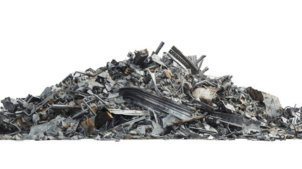 A large pile of mixed scrap metal and debris, consisting of various twisted and broken metal pieces, piled against a plain white background.