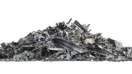 A large pile of mixed scrap metal and debris, consisting of various twisted and broken metal pieces, piled against a plain white background.