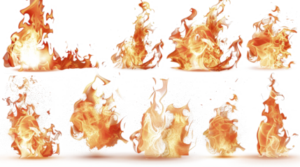 A collection of dynamic, blazing flames in various shapes and intensities against a white background, illustrating the powerful and vivid nature of fire.