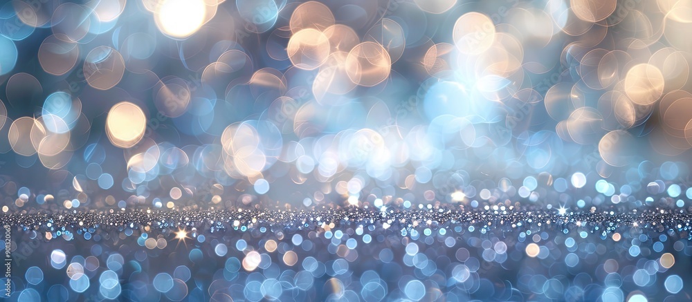 Poster pale silver blue glitter light background with beautiful bokeh creates an abstract composition focus