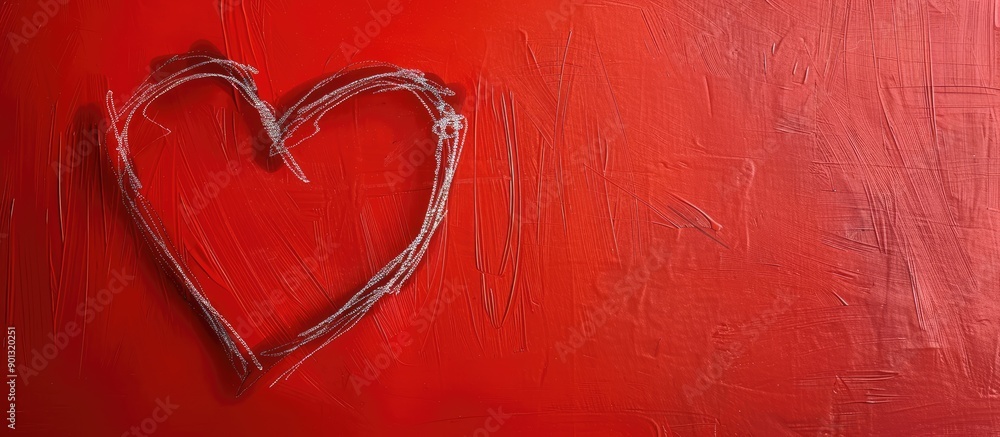 Poster Heart shape drawn on a blank white paper set against a vibrant red backdrop creating an ideal copy space image