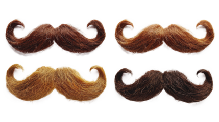 Four styled, fake mustaches showcasing different colors and textures on a white background, arranged in two rows.
