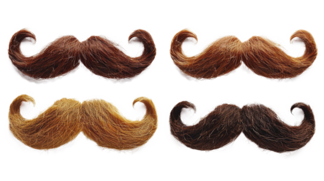Four styled, fake mustaches showcasing different colors and textures on a white background, arranged in two rows.