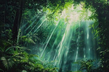 Obraz premium Lush Sunlight Filtering Through Dense Green Jungle Canopy