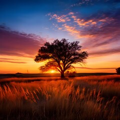 Fototapeta premium Golden Prairie at Sunset, golden prairie, sunset, tall grasses, warm light, solitary tree, scenic