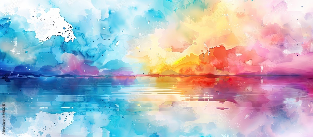 Poster Vivid watercolor painting with colorful blots and smears creating a beautiful abstract background with a mirror like reflection of the sky and clouds on water ideal for a copy space image