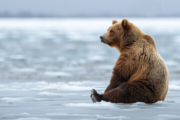 Obraz premium Solitude of a brown bear seated in the vast, icy wilderness of the poles