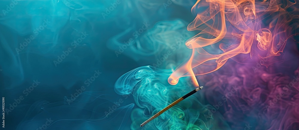 Poster a photo of colorful smoke drifting from an incense stick in a studio setting with copy space image