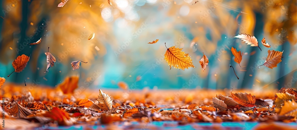 Poster vibrant autumn backdrop with fallen leaves creating a scenic copy space image