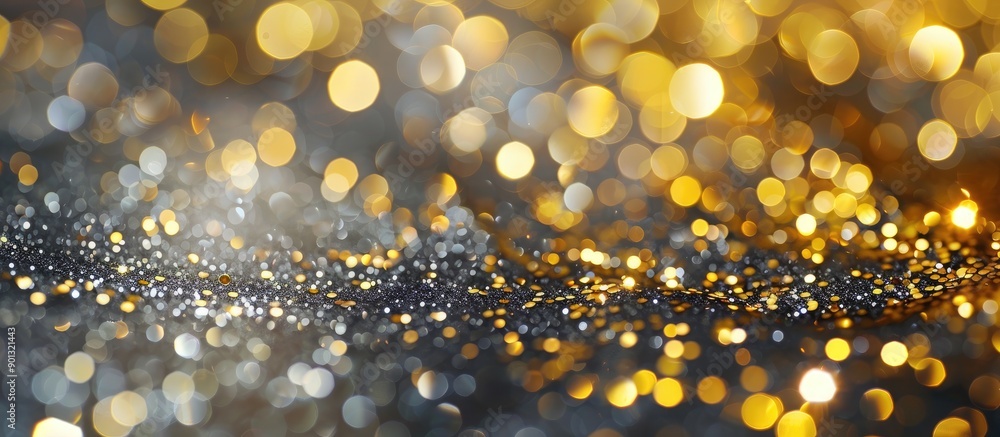 Poster festive concept shown in abstract gray backdrop adorned with bright yellow sequins for a striking co