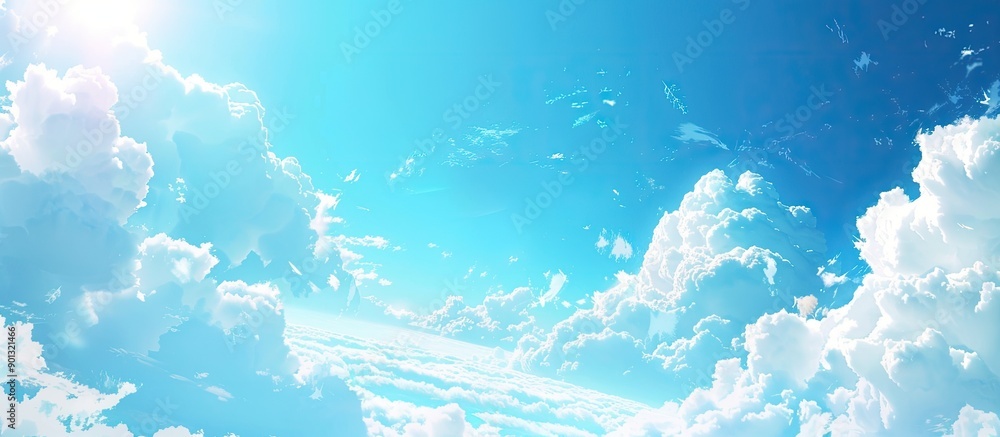 Poster panoramic view capturing blue skies and fluffy clouds on sunny days suitable as a copy space image