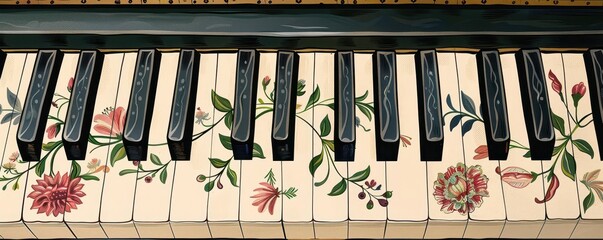 Floral Piano Keys A decorative illustration of piano keys adorned with delicate floral patterns and vines