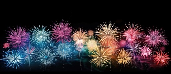 Fototapeta premium Colorful fireworks illuminating the night sky with a mesmerizing display creating a stunning visual effect against a dark background in a copy space image