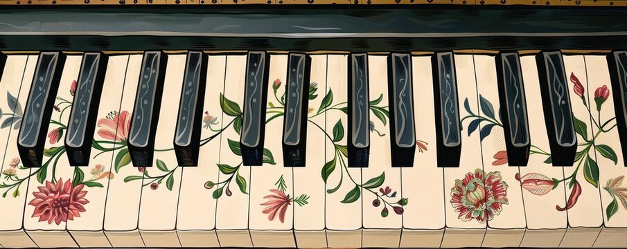 Floral Piano Keys A decorative illustration of piano keys adorned with delicate floral patterns and vines