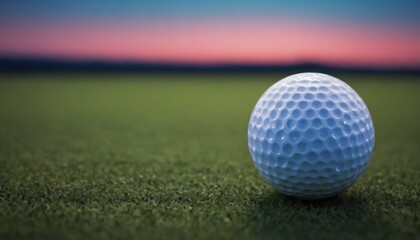 Fototapeta premium A golf ball on grass with a blurred horizon and a blue and pink sky, sunset scene on a golf course