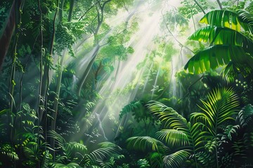 Lush Sunlight Filtering Through Dense Green Jungle Canopy