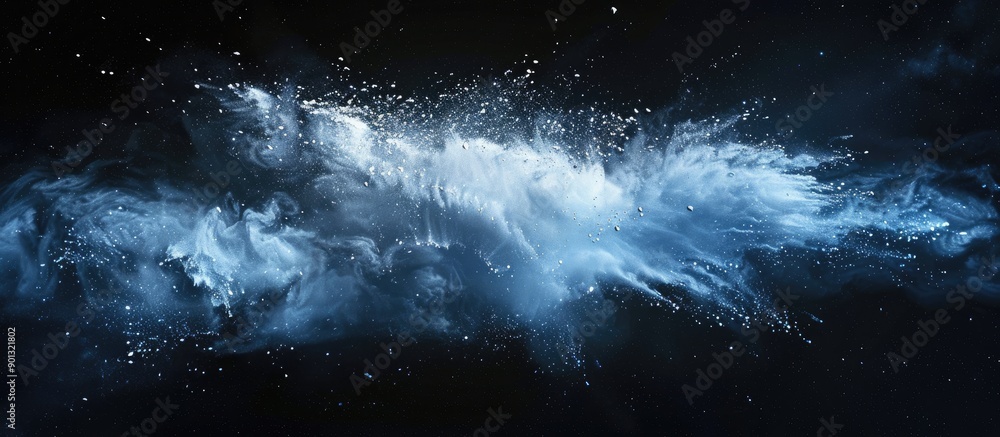 Poster capture the frozen moment of blue powder burst on a black backdrop creating an abstract white dust c