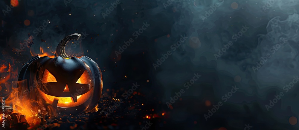 Poster Halloween jack o lantern ablaze with a spooky glow set against a black backdrop with ample empty space for text or graphics in the image