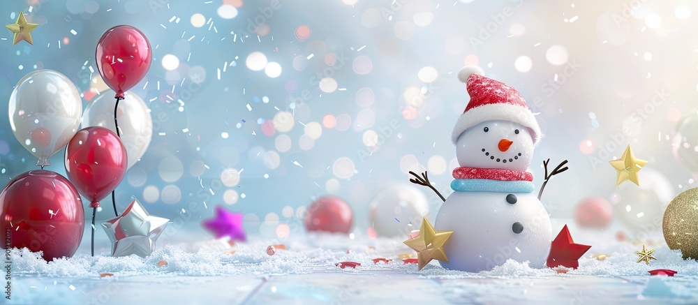 Poster snowman surrounded by balloons stars and bokeh on a white backdrop providing a festive copy space im