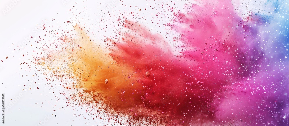 Leinwandbilder Colorful powder exploding on a white backdrop freezing the motion featuring a glittery multicolored texture with copy space image