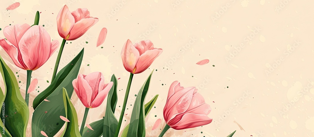 Poster Pink tulips flowers with copy space image on beige background for a floral template creating a botanical fine art poster