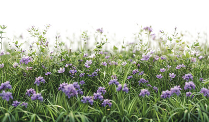 A serene field of vibrant purple flowers sways gently, surrounded by lush green grass under an overcast sky, capturing nature's peaceful beauty.