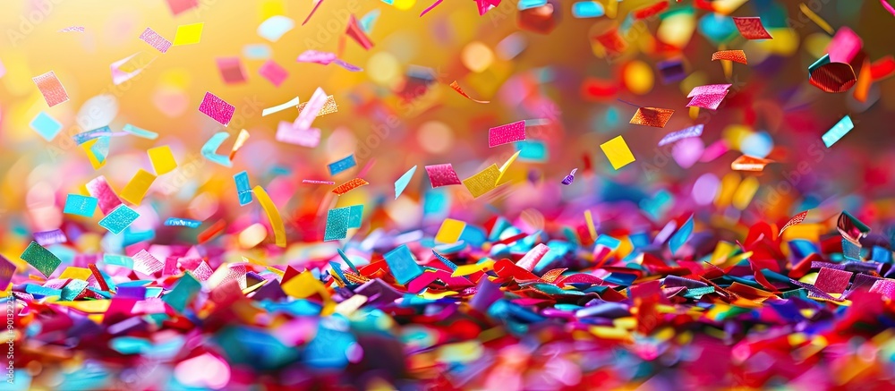 Poster Colorful confetti scattered on a festive carnival party background with ample copy space image
