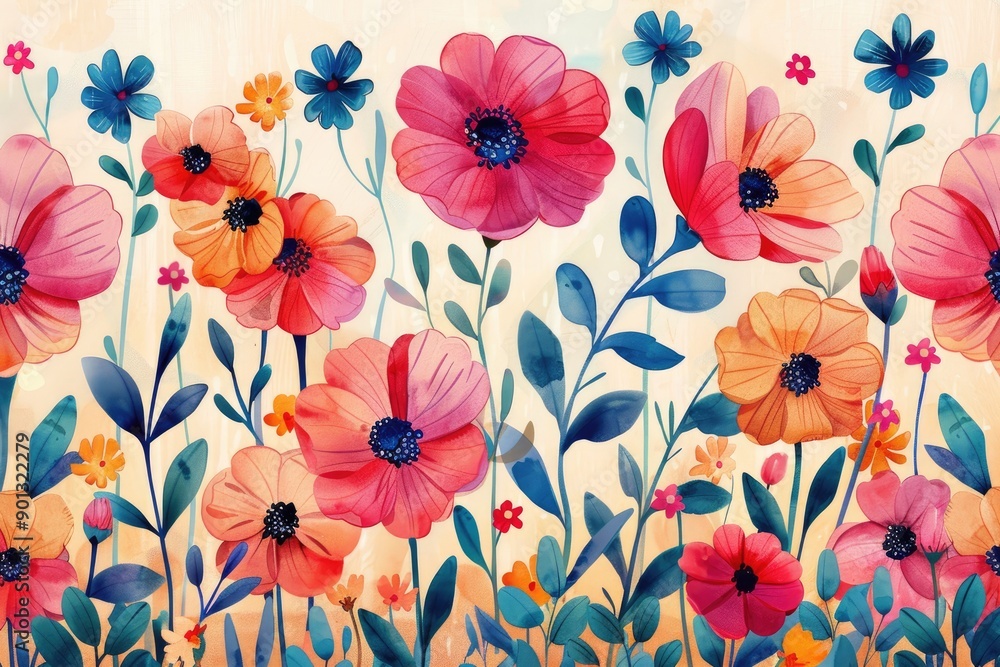 Poster a colorful painting of a field of flowers with a blue sky in the background. the flowers are of vari