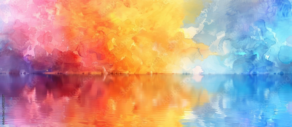 Aufkleber Vivid watercolor painting with colorful blots and smears creating a beautiful abstract background with a mirror like reflection of the sky and clouds on water ideal for a copy space image