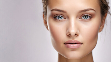 Fototapeta premium Close-up portrait of a woman with striking blue eyes and natural makeup, highlighting her flawless skin and intense gaze.