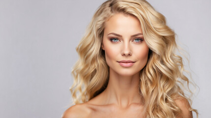 Naklejka premium A blonde woman with long, wavy hair looking confidently at the camera, showcasing her natural beauty and serene expression.