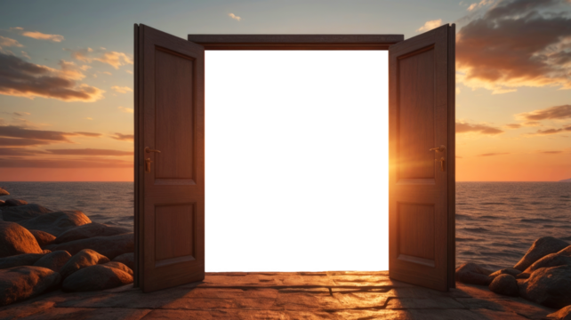 On the sea beach at sunset there is an open door on a transparent and white background. PNG. - Powered by Adobe