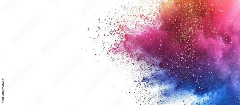 Poster Colorful powder exploding on a white backdrop freezing the motion featuring a glittery multicolored texture with copy space image