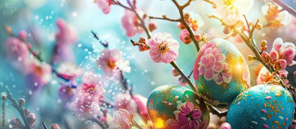 Aufkleber Festive Easter themed image with colorful eggs and blossoms. Creative banner. Copyspace image