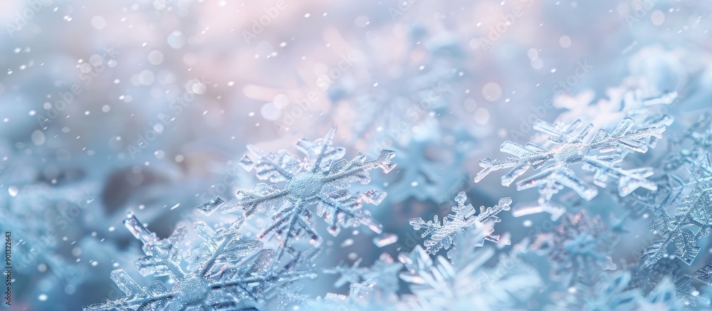 Poster winter themed background with white artificial snowflakes on soft light backdrop ideal for cards ban