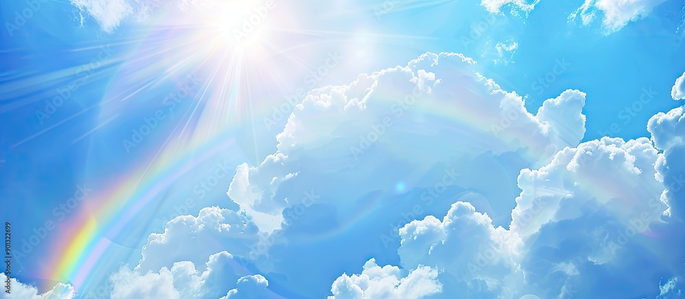 Poster a picturesque sky featuring white clouds a rainbow and the sun with ample copy space for a backgroun