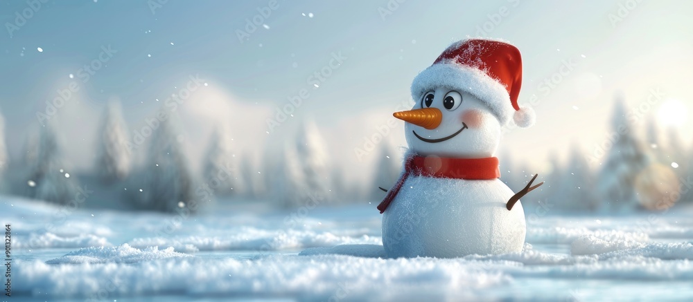 Poster a single snowman wearing a hat standing on snow during winter creating a festive backdrop with a com