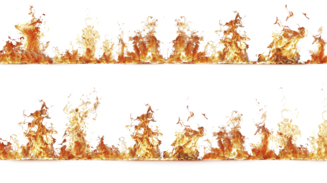 Rows of intense, fiery flames rise dramatically against a white background, creating a visually striking contrast of bright orange and yellow hues.