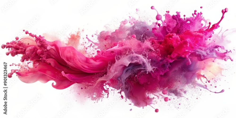 Poster vibrant fuchsia watercolor splashes swirl and blend on a white background, creating a dynamic, abstr