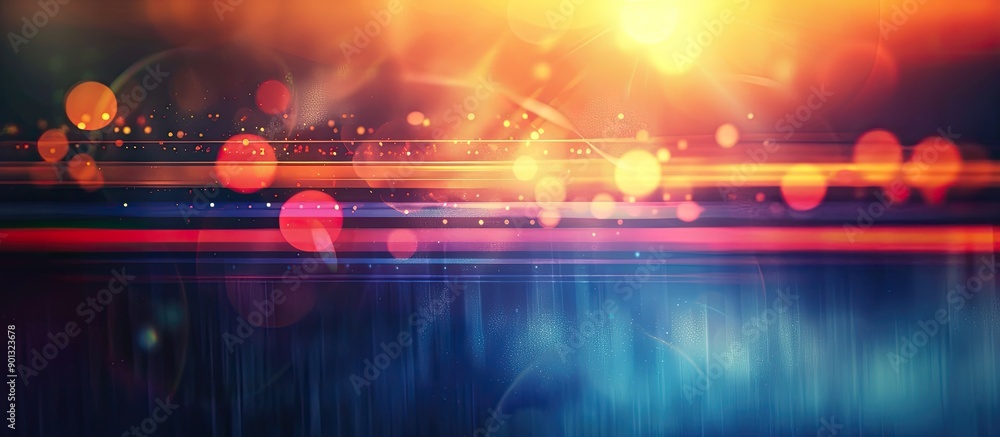 Poster a blurred design with multicolored horizontal stripes on a dark background featuring glowing lights 