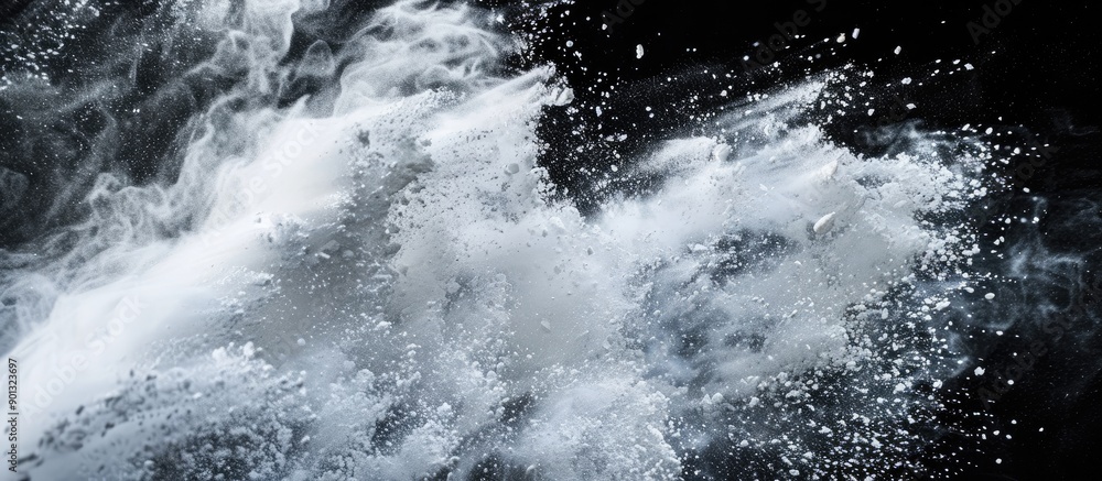 Poster capturing a moment of talcum powder being thrown in the air creating an explosive motion with white 