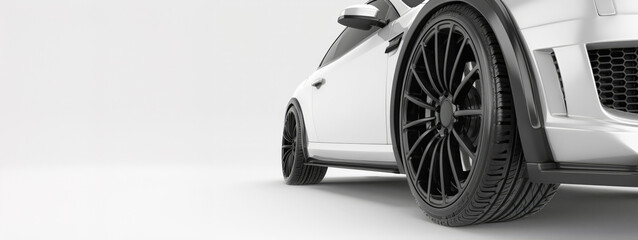 Close-up view of a sleek, modern car featuring a white body and black alloy wheels set against a plain background, emphasizing its sporty design.