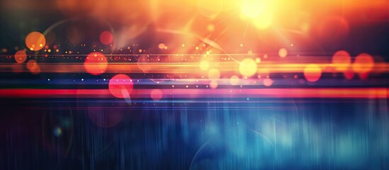 A blurred design with multicolored horizontal stripes on a dark background featuring glowing lights and a lens flare ideal for a copy space image