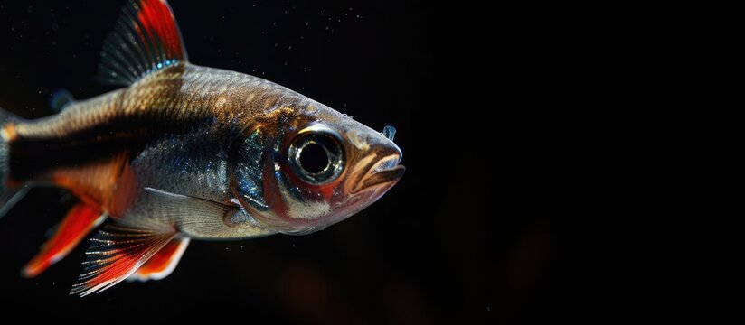 Copy space image featuring a close up of a young longtail barb fish within an aquatic still life scene against a black background showcasing the Pethia Conchonius exotic aquarium species with a shall