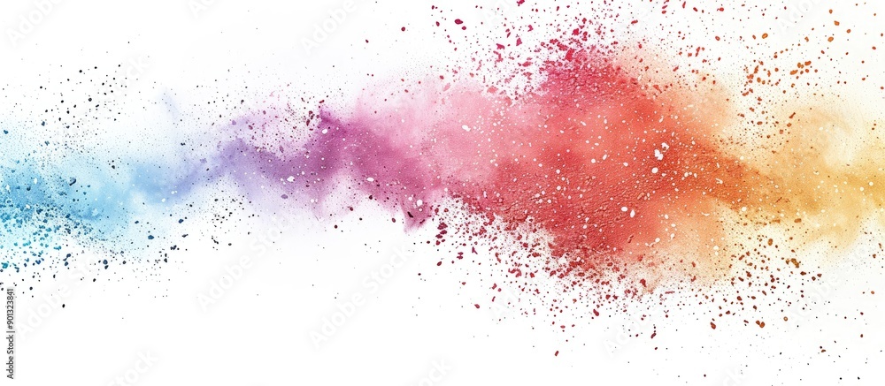 Poster Colorful powder exploding on a white backdrop freezing the motion featuring a glittery multicolored texture with copy space image