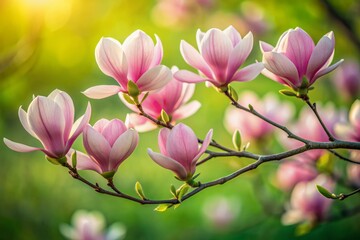 Delicate pink petals of spring magnolia flowers unfold on a gently curved branch, set against a soft blurred green background, evoking serenity and new life.