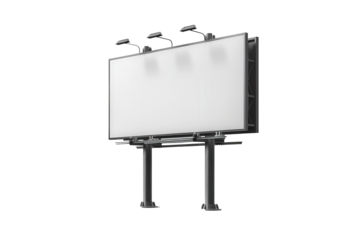 A large, empty billboard with lighting fixtures on top stands against a plain background, ready for advertisements or messages to be displayed.