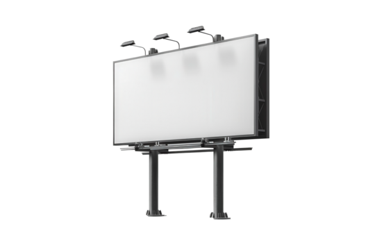A large, empty billboard with lighting fixtures on top stands against a plain background, ready for advertisements or messages to be displayed.