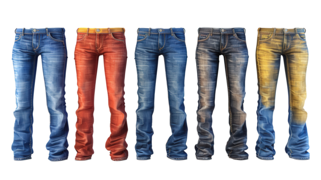 A row of stylish, washed denim jeans in various colors and styles displayed on mannequins against a simple backdrop.
